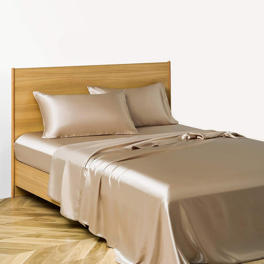 VibeCore Aesthetic Sleek Satin Duvet Cover Set in beige, side aerial view, showcasing the smooth satin texture and elegant design for a luxurious bedroom or dorm look.