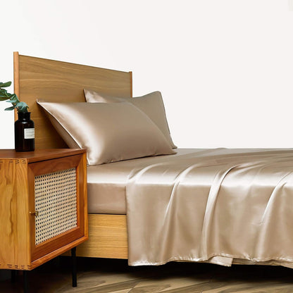 VibeCore Aesthetic Sleek Satin Duvet Cover Set in beige, side view, highlighting the rich satin fabric and smooth texture, adding a touch of elegance to your bedroom or dorm.