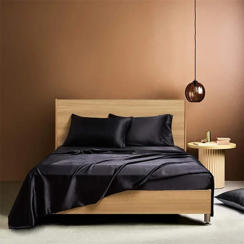 Front view of the VibeCore Aesthetic Sleek Satin Duvet Cover Set in black, highlighting its luxurious satin finish and rich color, perfect for adding sophistication to any bedroom or dorm.