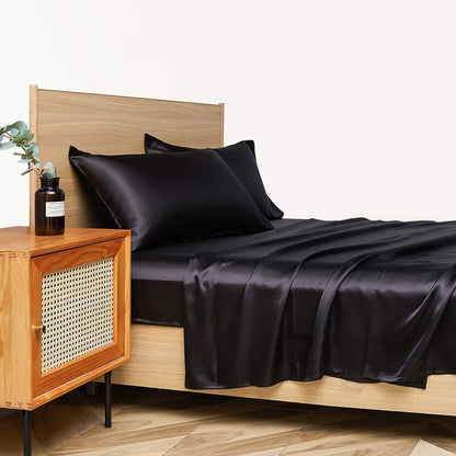 VibeCore Aesthetic Sleek Satin Duvet Cover Set in black, side view, highlighting the rich satin fabric and smooth texture, adding a touch of elegance to your bedroom or dorm.