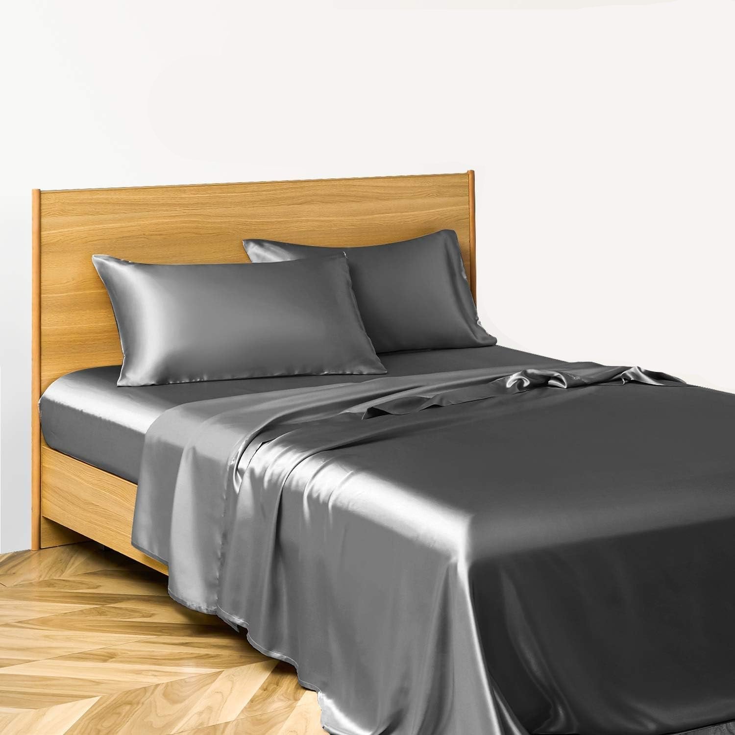 VibeCore Aesthetic Sleek Satin Duvet Cover Set in dark gray, side aerial view, showcasing the smooth satin texture and elegant design for a luxurious bedroom or dorm look.