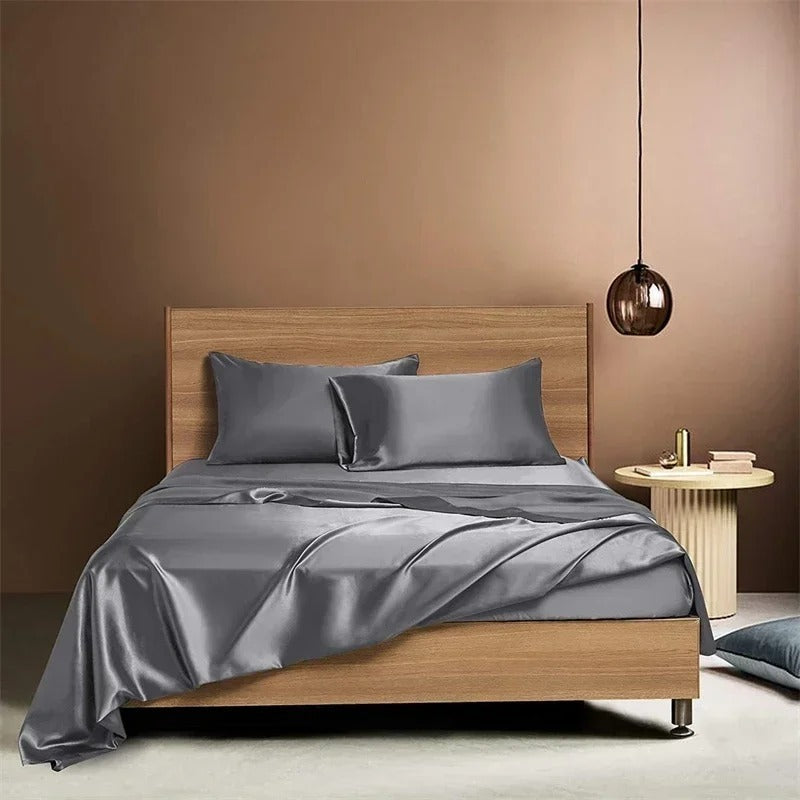Front view of the VibeCore Aesthetic Sleek Satin Duvet Cover Set in dark gray, highlighting its luxurious satin finish and rich color, perfect for adding sophistication to any bedroom or dorm.