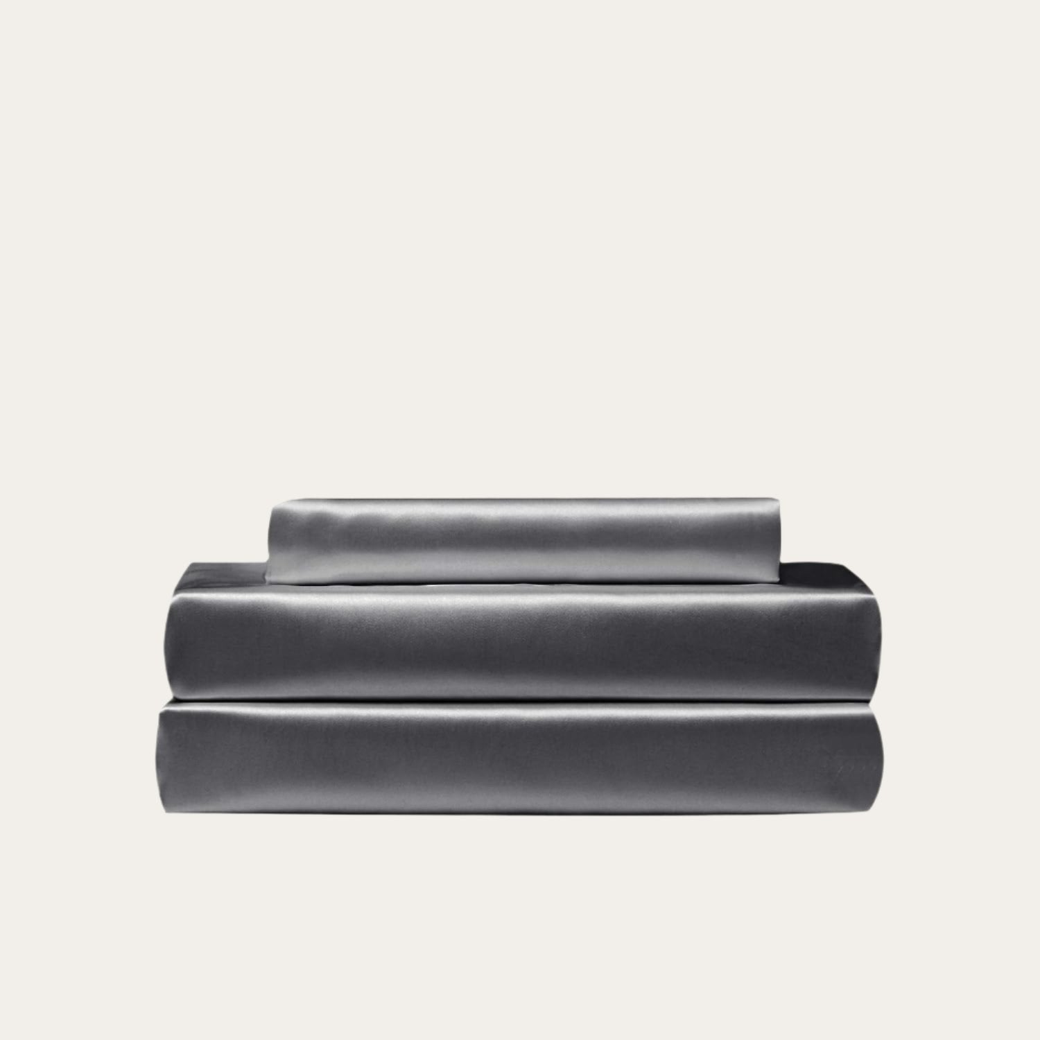 VibeCore Aesthetic Sleek Satin Duvet Cover Set in dark gray, showcasing the complete sheet package including duvet cover, flat sheet, and pillowcases, designed for a luxurious and smooth bedroom and dorm experience.