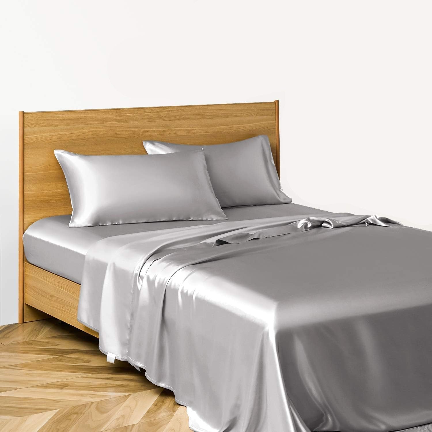 VibeCore Aesthetic Sleek Satin Duvet Cover Set in gray, side aerial view, showcasing the smooth satin texture and elegant design for a luxurious bedroom or dorm look.
