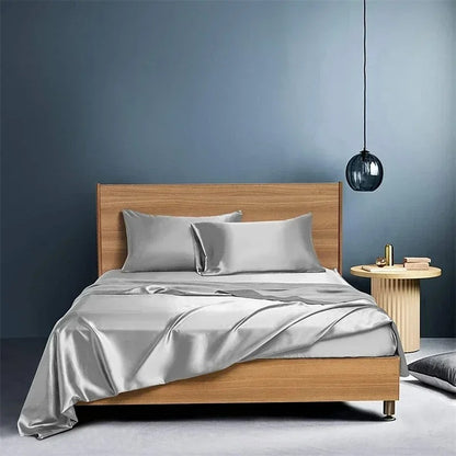 Front view of the VibeCore Aesthetic Sleek Satin Duvet Cover Set in gray, highlighting its luxurious satin finish and rich color, perfect for adding sophistication to any bedroom or dorm.

