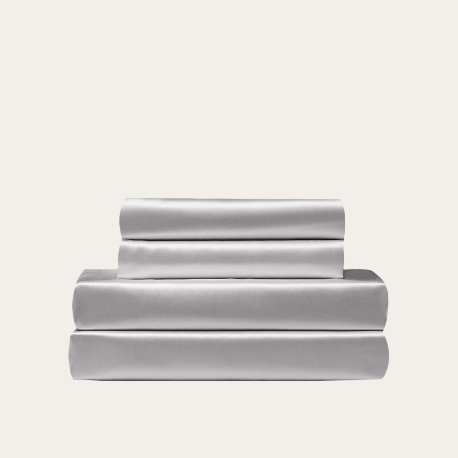 VibeCore Aesthetic Sleek Satin Duvet Cover Set in gray, showcasing the complete sheet package including duvet cover, flat sheet, and pillowcases, designed for a luxurious and smooth bedroom and dorm experience.
