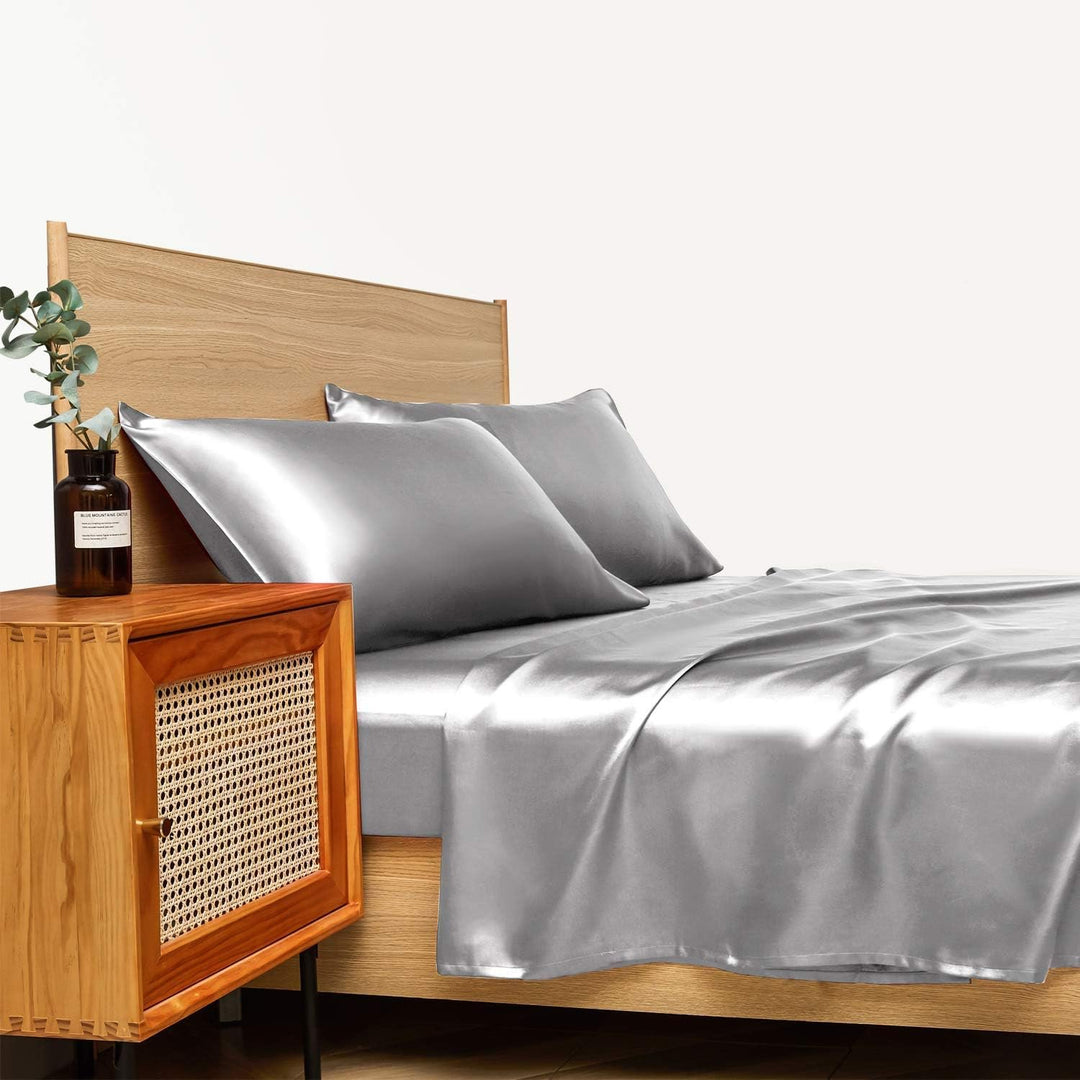 VibeCore Aesthetic Sleek Satin Duvet Cover Set in gray, side view, highlighting the rich satin fabric and smooth texture, adding a touch of elegance to your bedroom or dorm.