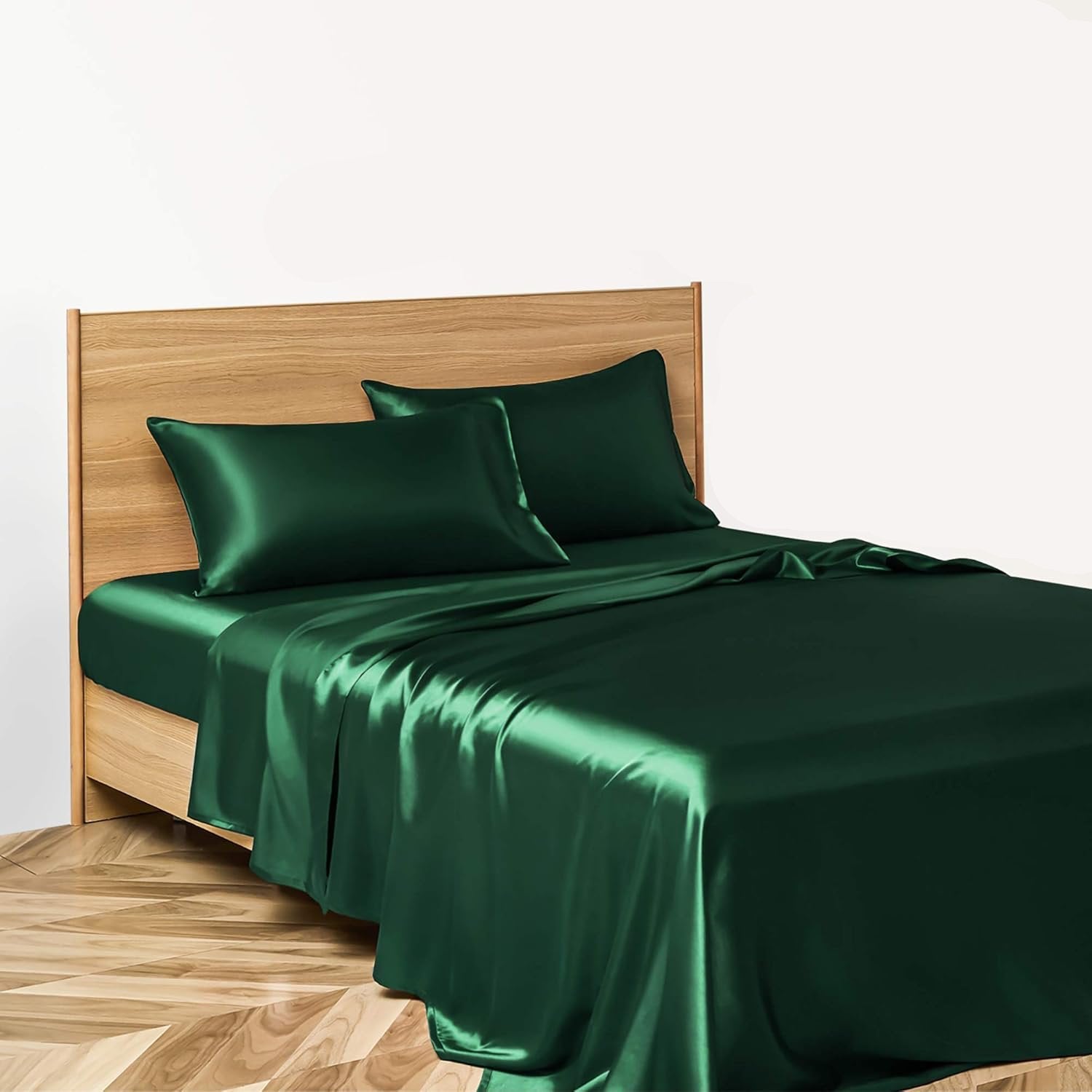 VibeCore Aesthetic Sleek Satin Duvet Cover Set in green, side aerial view, showcasing the smooth satin texture and elegant design for a luxurious bedroom or dorm look.