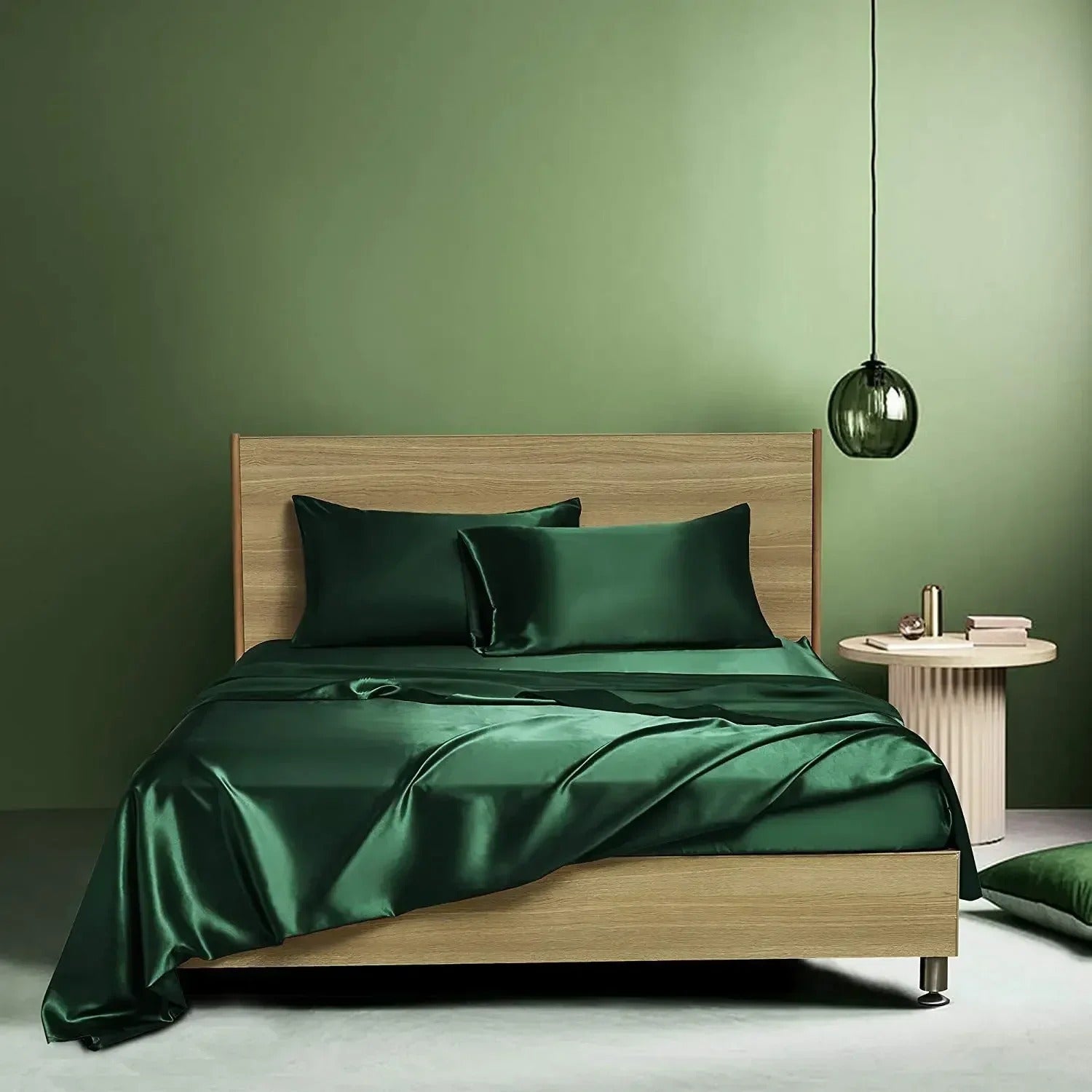 Front view of the VibeCore Aesthetic Sleek Satin Duvet Cover Set in green, highlighting its luxurious satin finish and rich color, perfect for adding sophistication to any bedroom or dorm.
