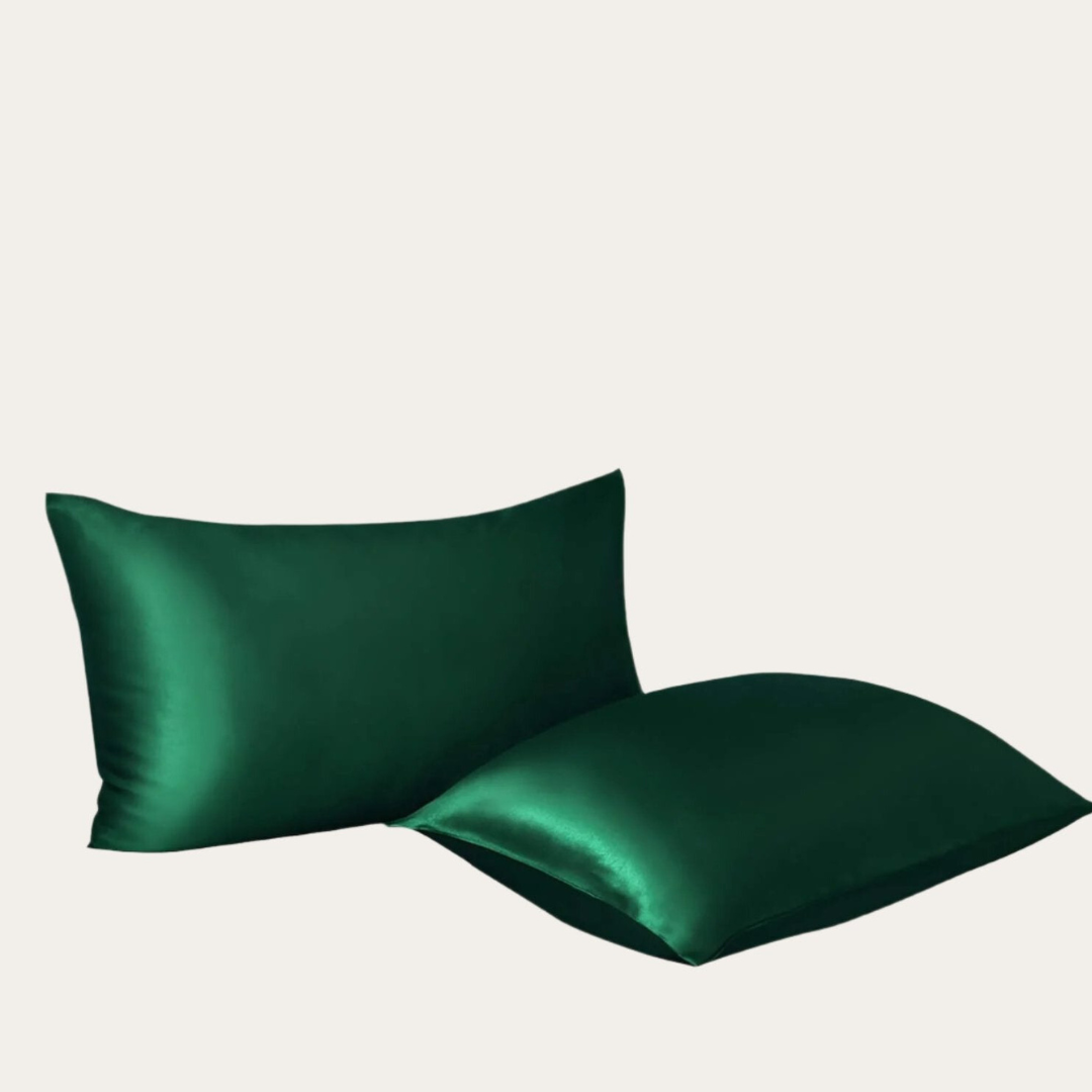 VibeCore Aesthetic Sleek Satin Duvet Cover Set green pillowcases, designed with a smooth, luxurious satin finish to add elegance and comfort to your bedroom or dorm decor.
