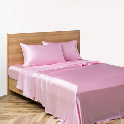 VibeCore Aesthetic Sleek Satin Duvet Cover Set in pink, side aerial view, showcasing the smooth satin texture and elegant design for a luxurious bedroom or dorm look.
