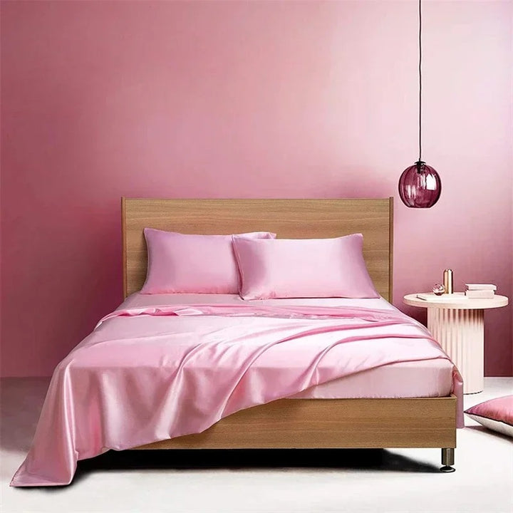 Front view of the VibeCore Aesthetic Sleek Satin Duvet Cover Set in pink, highlighting its luxurious satin finish and rich color, perfect for adding sophistication to any bedroom or dorm.
