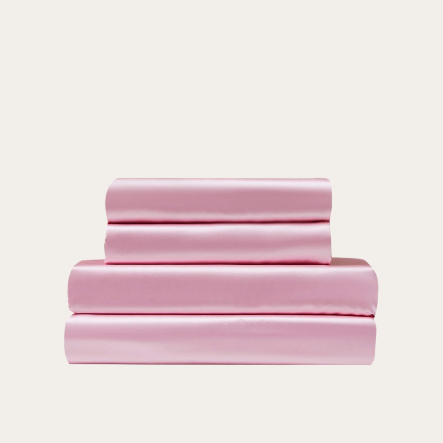 VibeCore Aesthetic Sleek Satin Duvet Cover Set in pink, showcasing the complete sheet package including duvet cover, flat sheet, and pillowcases, designed for a luxurious and smooth bedroom and dorm experience.
