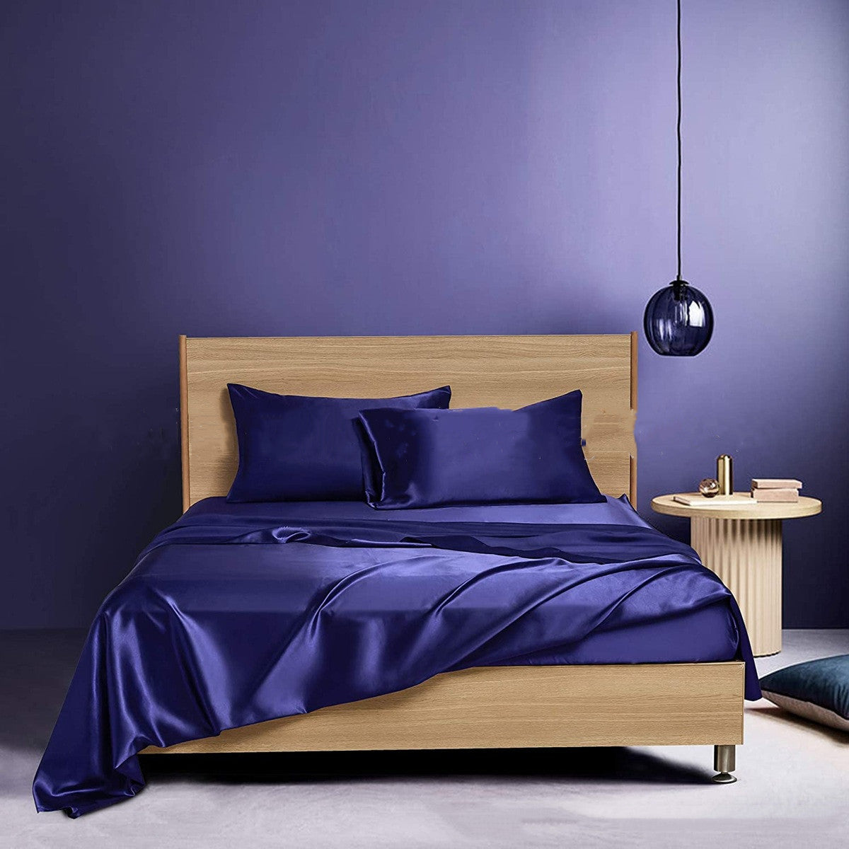 Front view of the VibeCore Aesthetic Sleek Satin Duvet Cover Set in purple, highlighting its luxurious satin finish and rich color, perfect for adding sophistication to any bedroom.