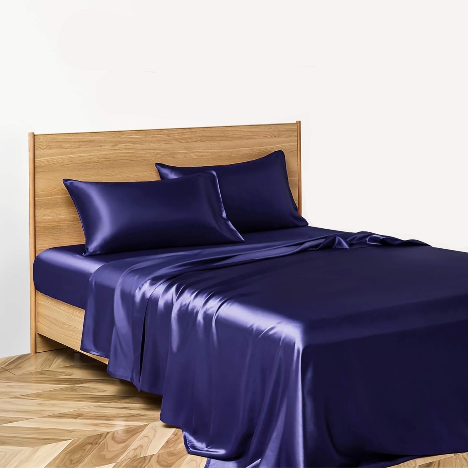 VibeCore Aesthetic Sleek Satin Duvet Cover Set in purple, side aerial view, showcasing the smooth satin texture and elegant design for a luxurious bedroom or dorm look.