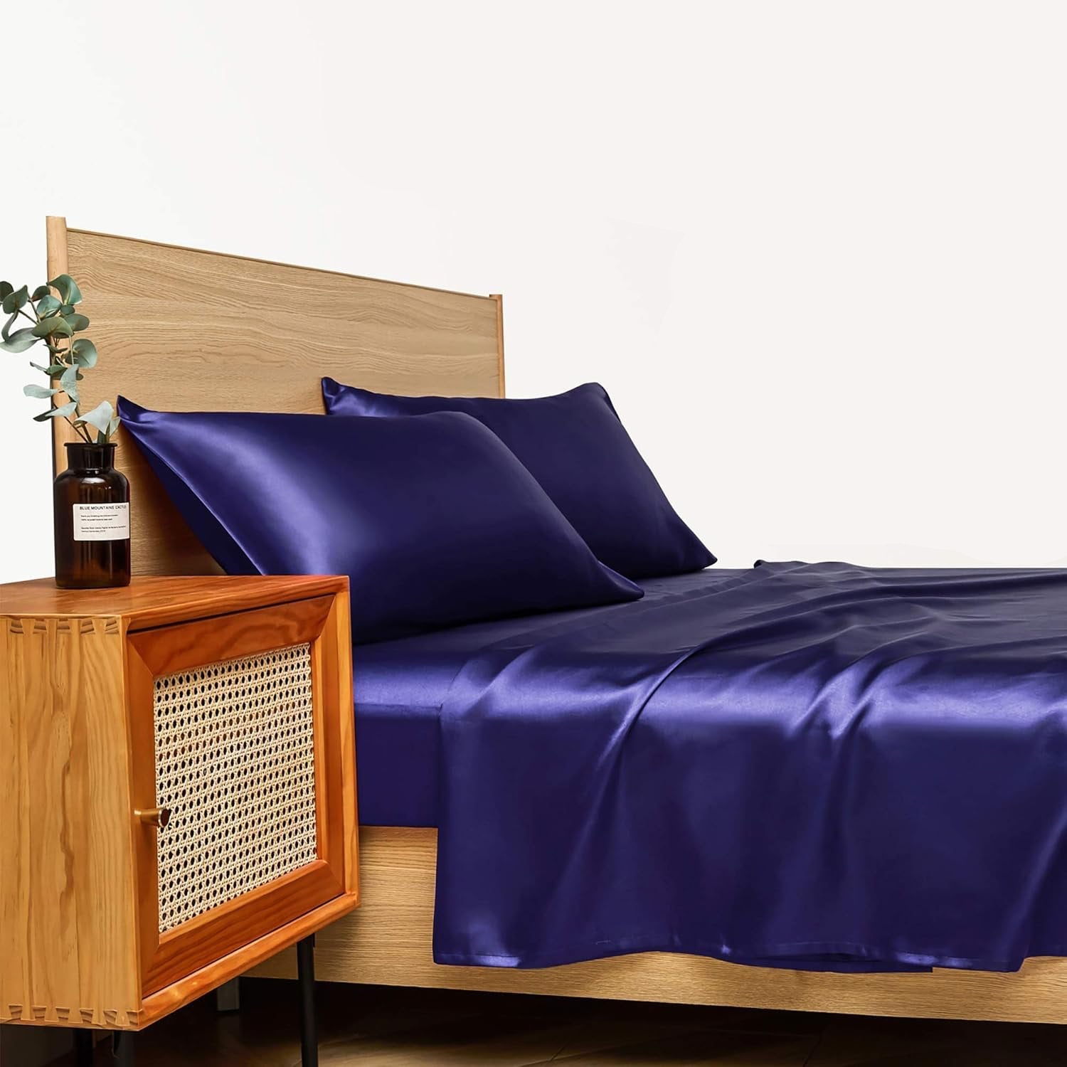 VibeCore Aesthetic Sleek Satin Duvet Cover Set in purple, side view, highlighting the rich satin fabric and smooth texture, adding a touch of elegance to your bedroom or dorm.
