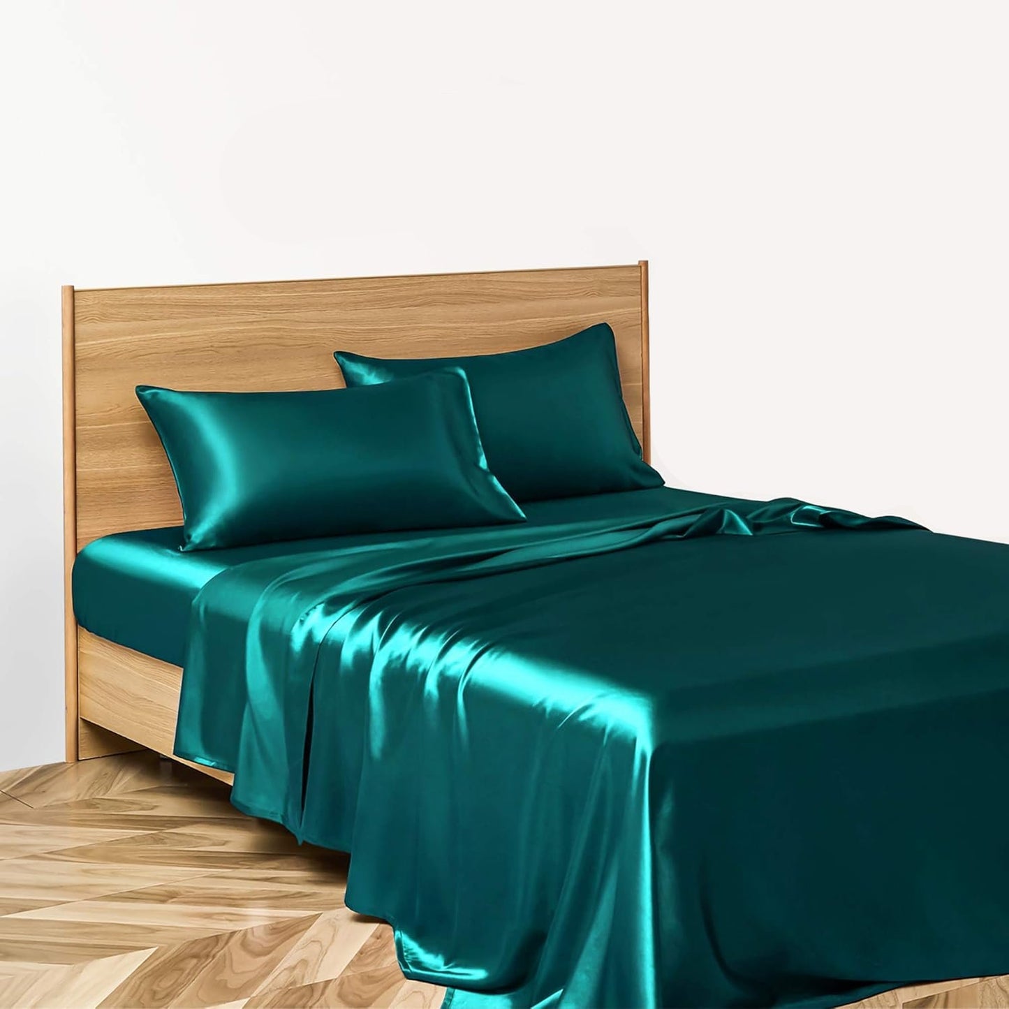 VibeCore Aesthetic Sleek Satin Duvet Cover Set in teal, side aerial view, showcasing the smooth satin texture and elegant design for a luxurious bedroom or dorm look.