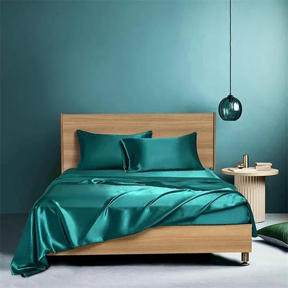 Front view of the VibeCore Aesthetic Sleek Satin Duvet Cover Set in teal, highlighting its luxurious satin finish and rich color, perfect for adding sophistication to any bedroom or dorm.