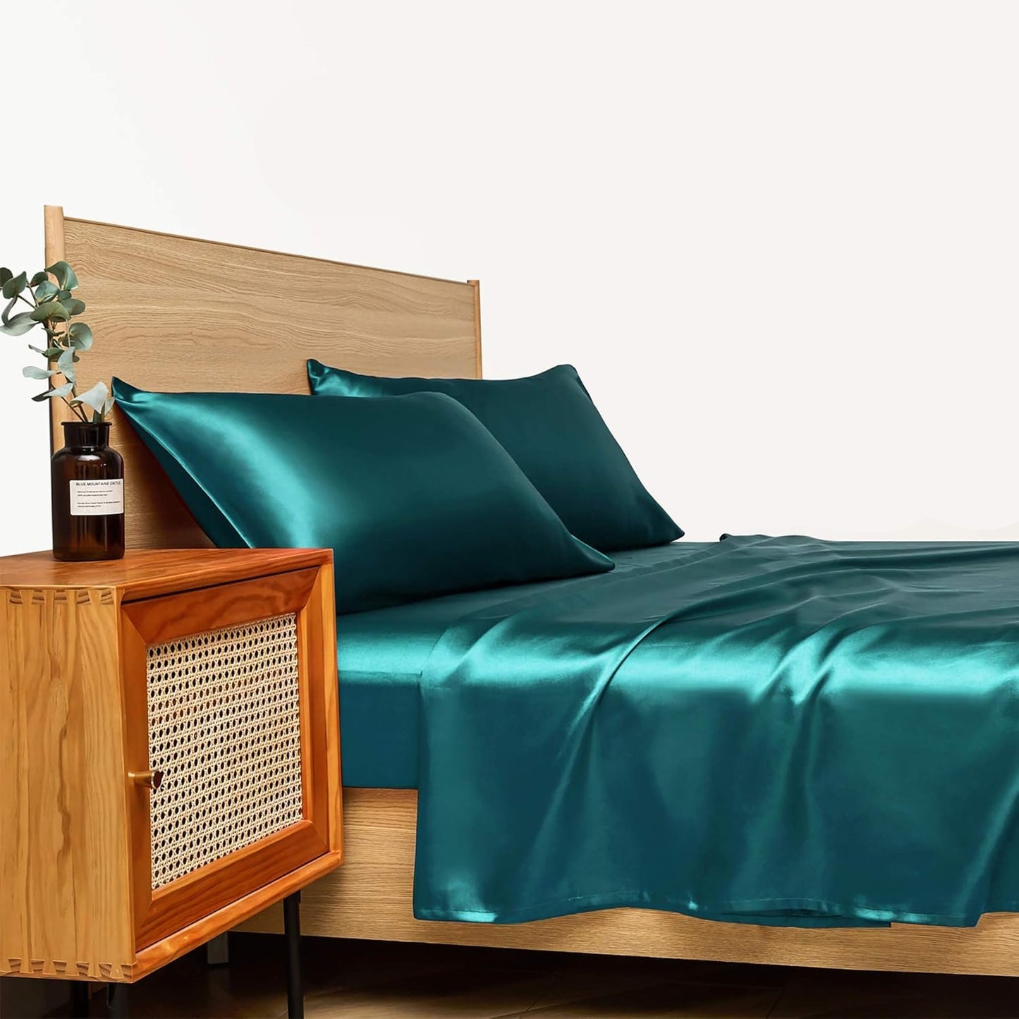 VibeCore Aesthetic Sleek Satin Duvet Cover Set in teal, side view, highlighting the rich satin fabric and smooth texture, adding a touch of elegance to your bedroom or dorm.