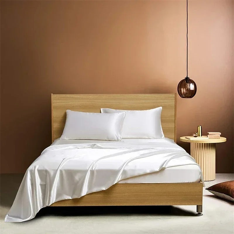 Front view of the VibeCore Aesthetic Sleek Satin Duvet Cover Set in white, highlighting its luxurious satin finish and rich color, perfect for adding sophistication to any bedroom or dorm.
