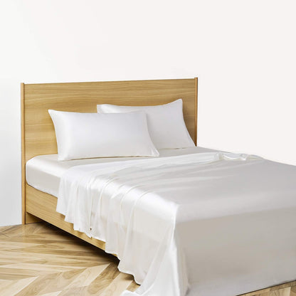 VibeCore Aesthetic Sleek Satin Duvet Cover Set in white, side aerial view, showcasing the smooth satin texture and elegant design for a luxurious bedroom or dorm look.
