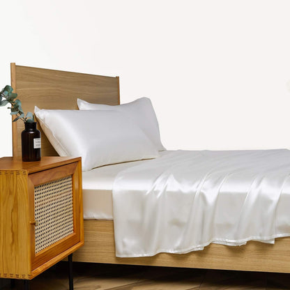 VibeCore Aesthetic Sleek Satin Duvet Cover Set in white, side view, highlighting the rich satin fabric and smooth texture, adding a touch of elegance to your bedroom or dorm.