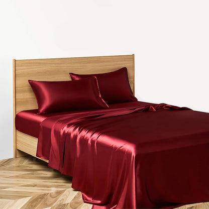 VibeCore Aesthetic Sleek Satin Duvet Cover Set in wine red, side aerial view, showcasing the smooth satin texture and elegant design for a luxurious bedroom or dorm look.