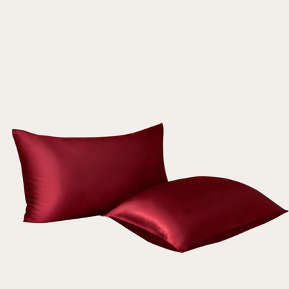 VibeCore Aesthetic Sleek Satin Duvet Cover Set wine red pillowcases, designed with a smooth, luxurious satin finish to add elegance and comfort to your bedroom or dorm decor.
