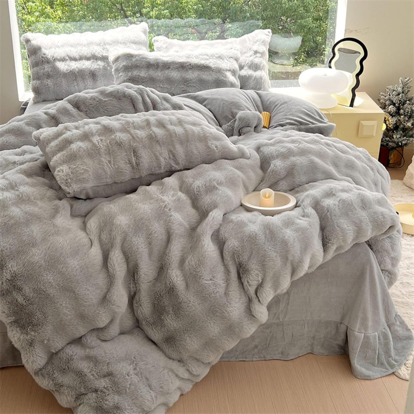 Aerial view of the VibeCore Snuggle Supreme Bedding Set in the color Light Gray, featuring a plush tufted design made from ultra-soft milk fibre. The bedding set includes a duvet cover, flat sheet, and pillowcases, offering both luxury and comfort with a breathable, hypoallergenic fabric.
