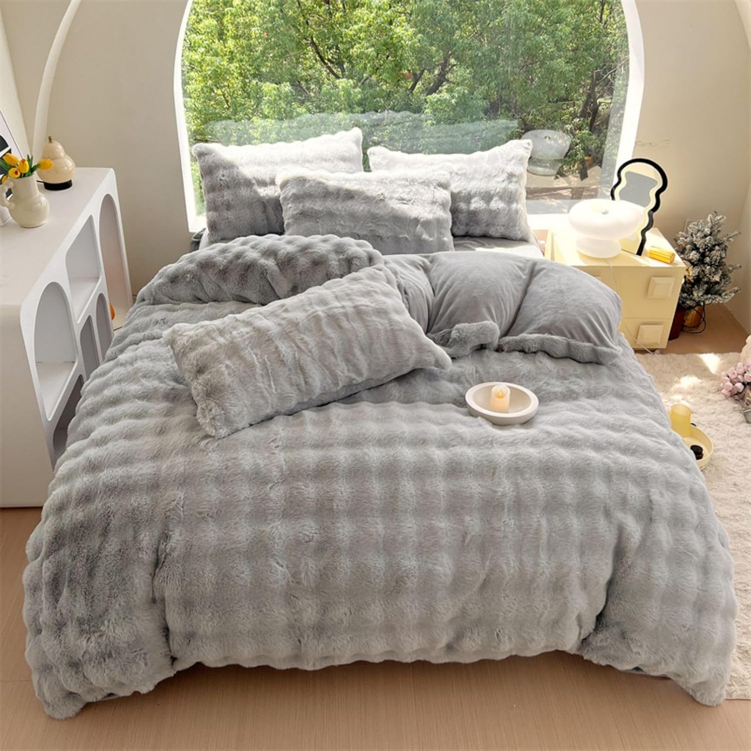 Full aerial view of the VibeCore Snuggle Supreme Bedding Set in Light Gray, highlighting the chic, tufted design and ultra-soft texture of the bedding for a luxurious and cozy bedroom aesthetic.