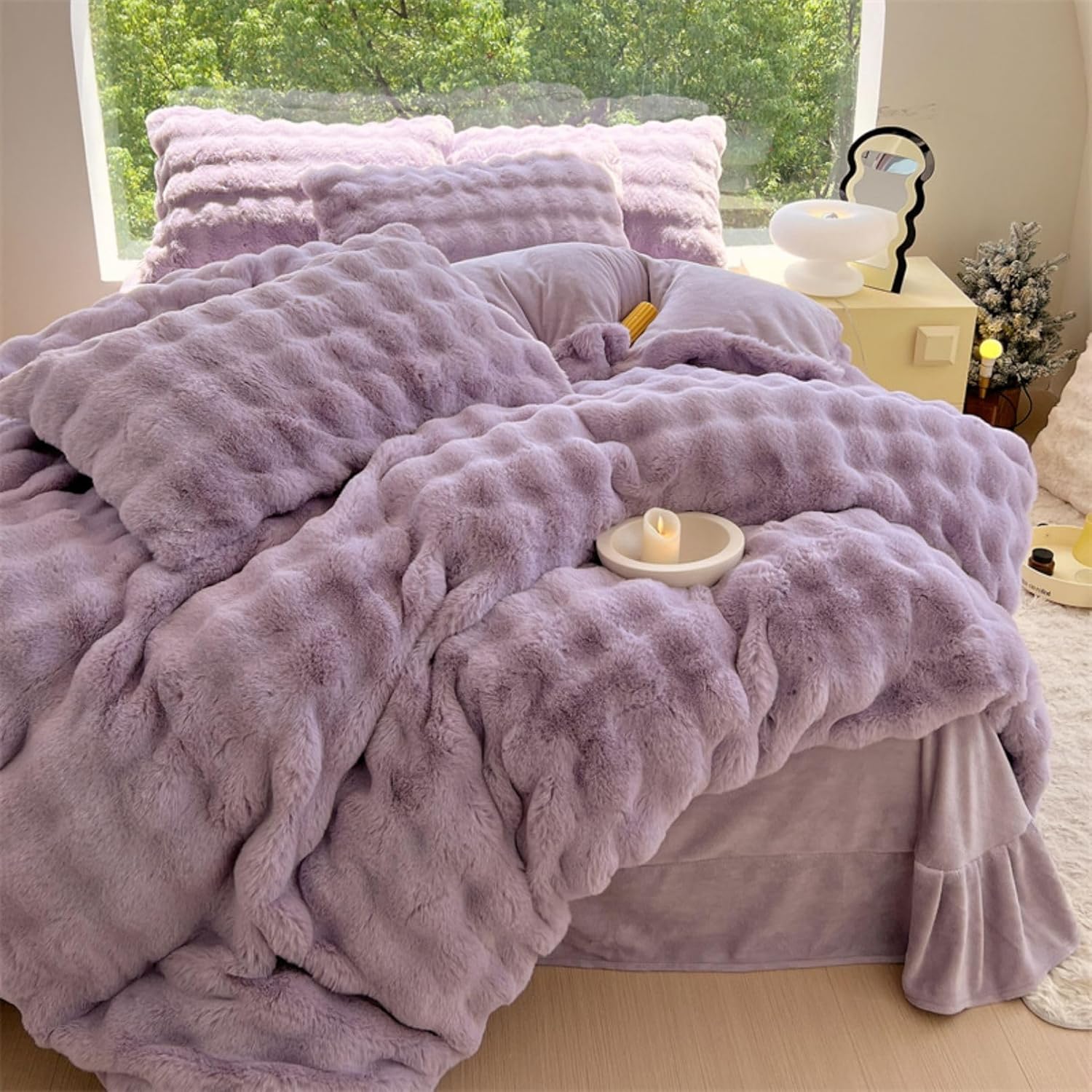 Aerial view of the VibeCore Snuggle Supreme Bedding Set in the color Lilac, featuring a plush tufted design made from ultra-soft milk fibre. The bedding set includes a duvet cover, flat sheet, and pillowcases, offering both luxury and comfort with a breathable, hypoallergenic fabric.