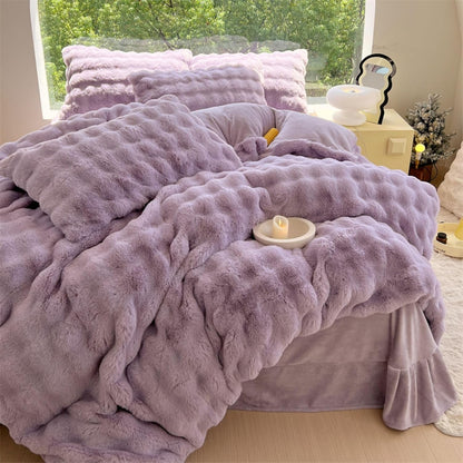 Aerial view of the VibeCore Snuggle Supreme Bedding Set in the color Lilac, featuring a plush tufted design made from ultra-soft milk fibre. The bedding set includes a duvet cover, flat sheet, and pillowcases, offering both luxury and comfort with a breathable, hypoallergenic fabric.