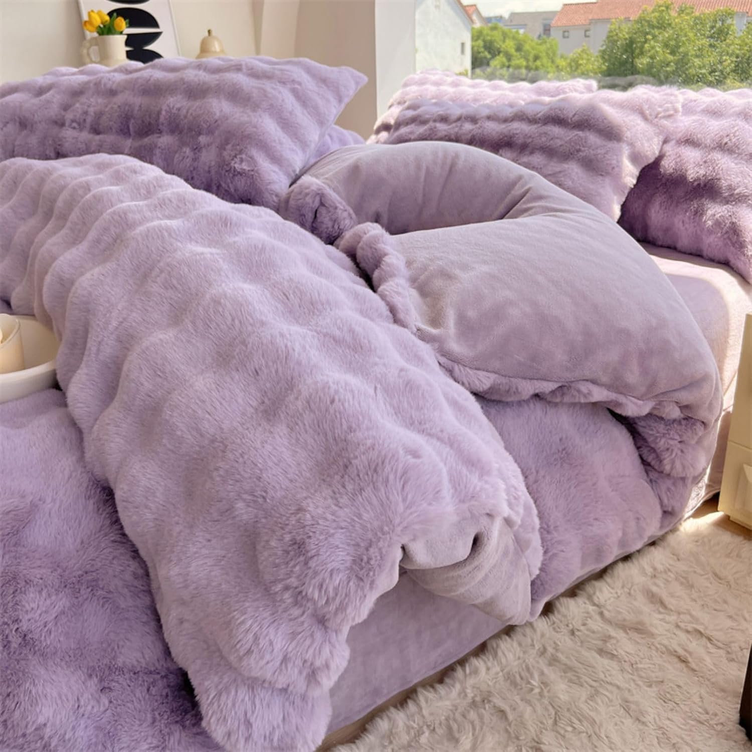 Close-up side view of the material and interior of the duvet cover for the VibeCore Snuggle Supreme Bedding Set in Lilac, highlighting the soft, plush fabric and tufted design for ultimate comfort.