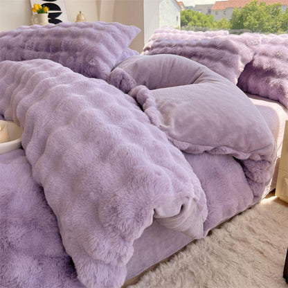 Close-up side view of the material and interior of the duvet cover for the VibeCore Snuggle Supreme Bedding Set in Lilac, highlighting the soft, plush fabric and tufted design for ultimate comfort.
