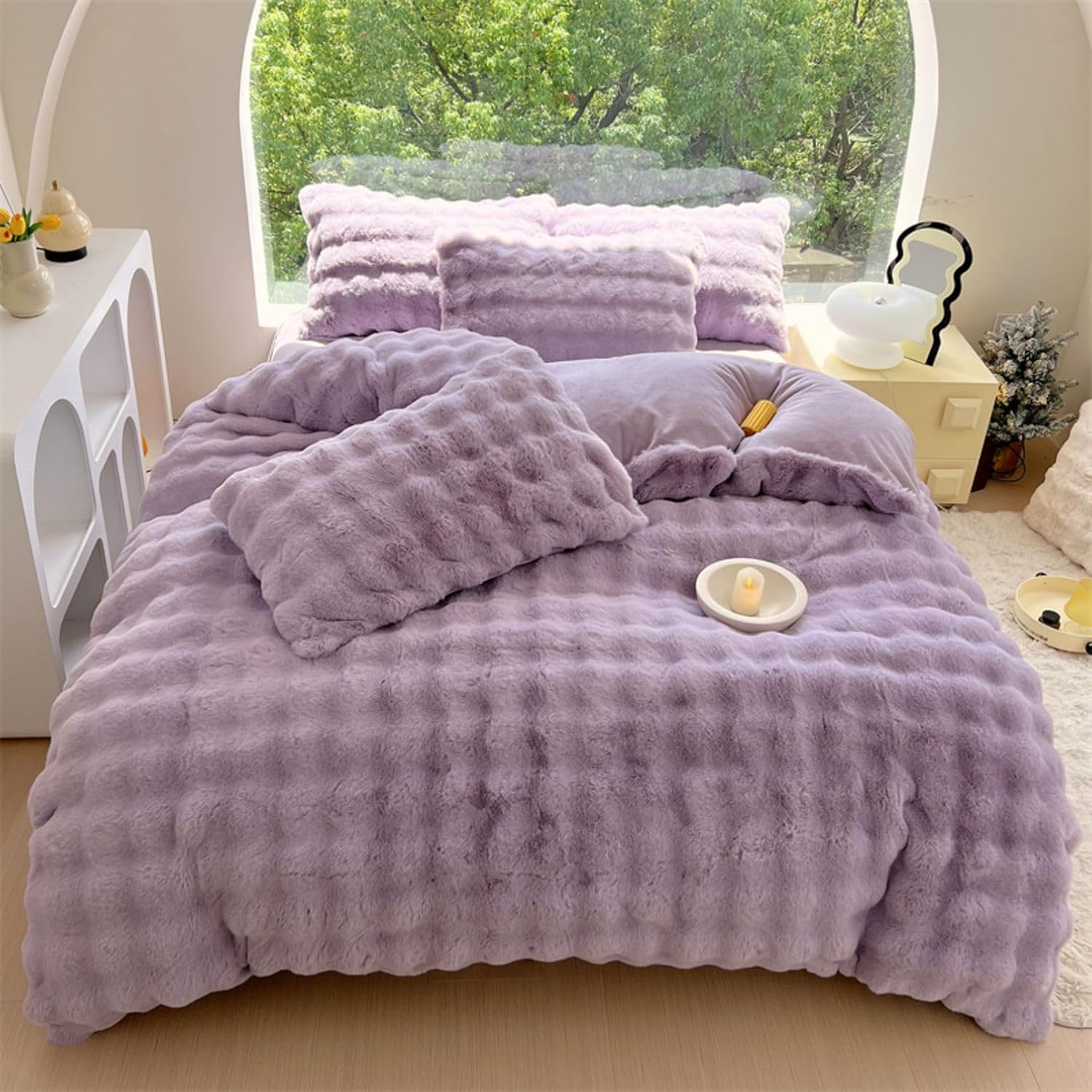 Full aerial view of the VibeCore Snuggle Supreme Bedding Set in Lilac, highlighting the chic, tufted design and ultra-soft texture of the bedding for a luxurious and cozy bedroom aesthetic.