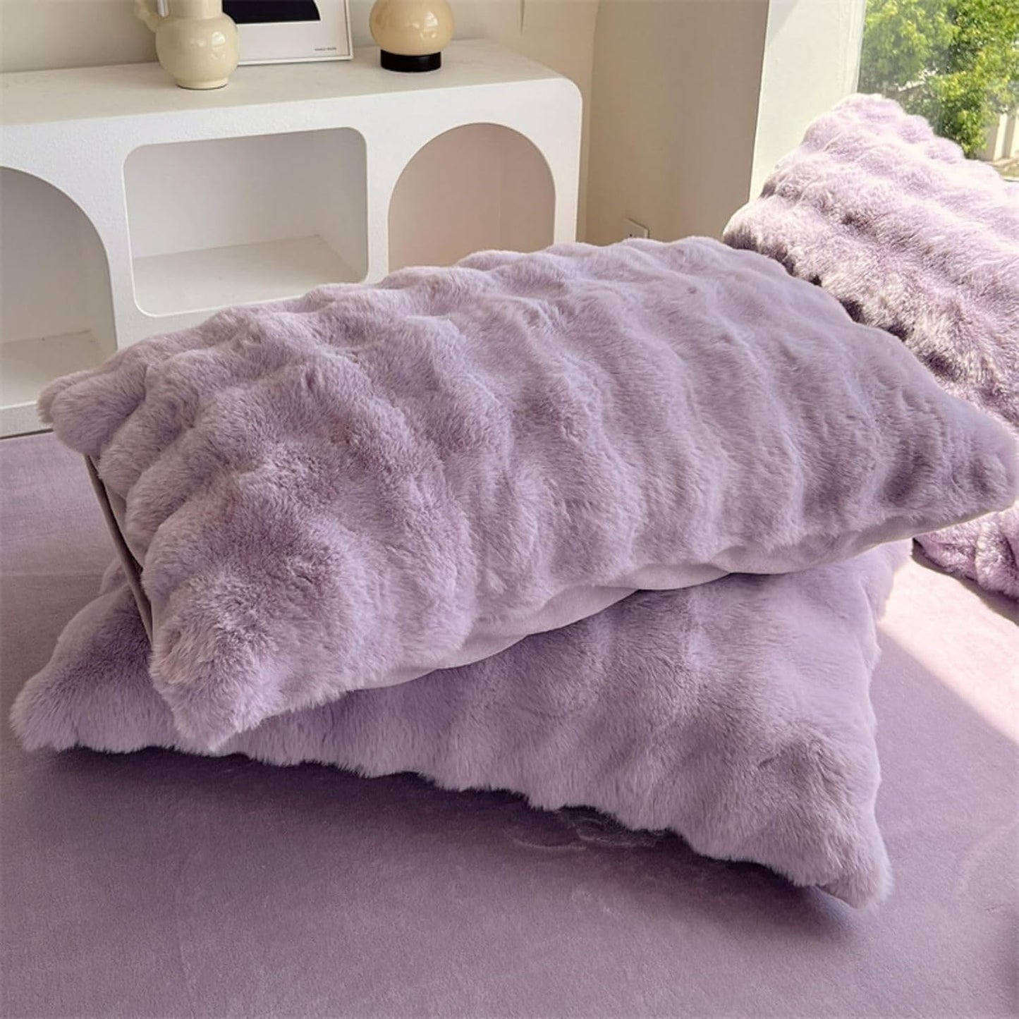 Close-up of the pillow covers from the VibeCore Snuggle Supreme Bedding Set in color Lilac, showcasing the luxurious tufted design and ultra-soft milk fibre fabric that provides a cozy, breathable, and hypoallergenic sleep experience.