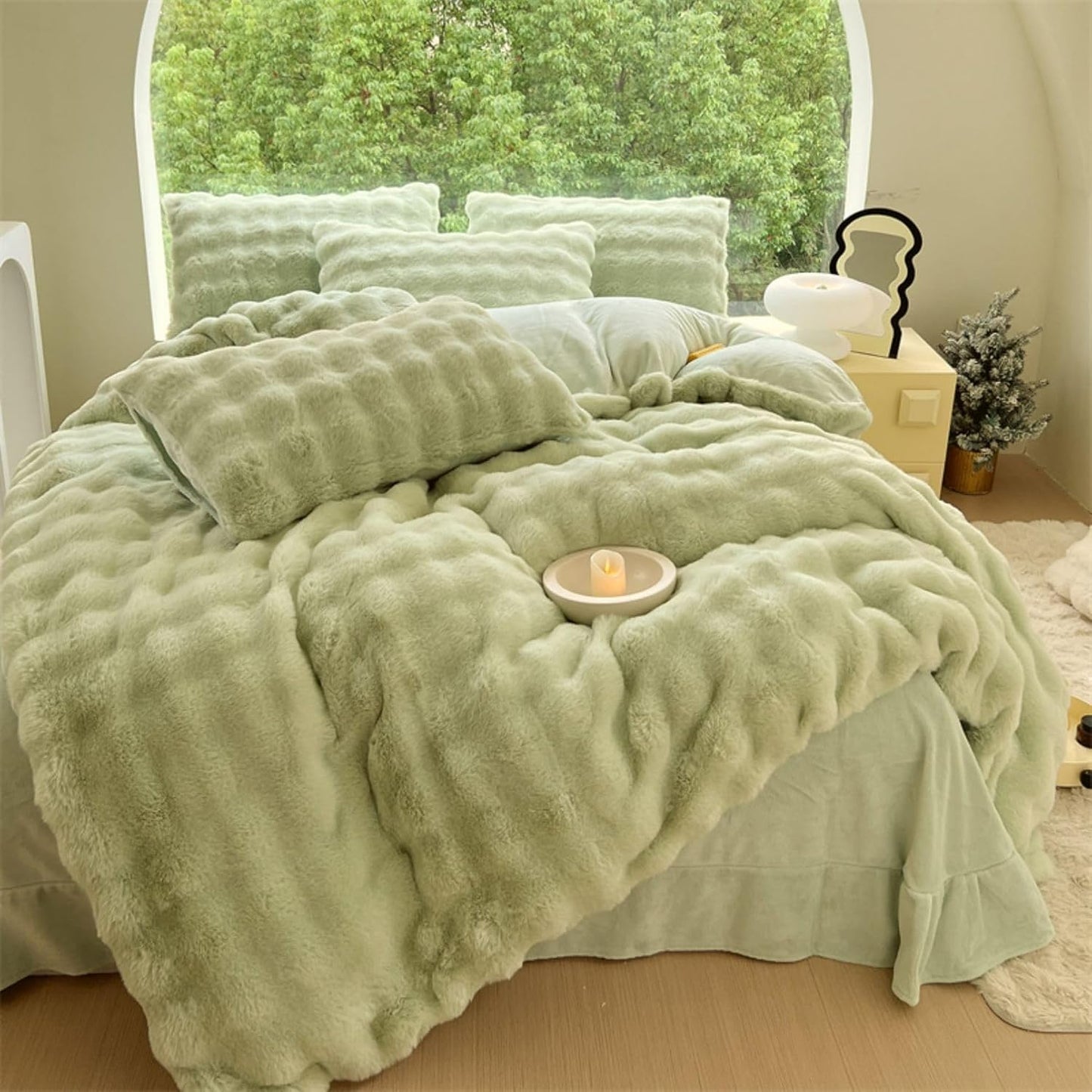 Aerial view of the VibeCore Snuggle Supreme Bedding Set in the color Matcha Green, featuring a plush tufted design made from ultra-soft milk fibre. The bedding set includes a duvet cover, flat sheet, and pillowcases, offering both luxury and comfort with a breathable, hypoallergenic fabric.