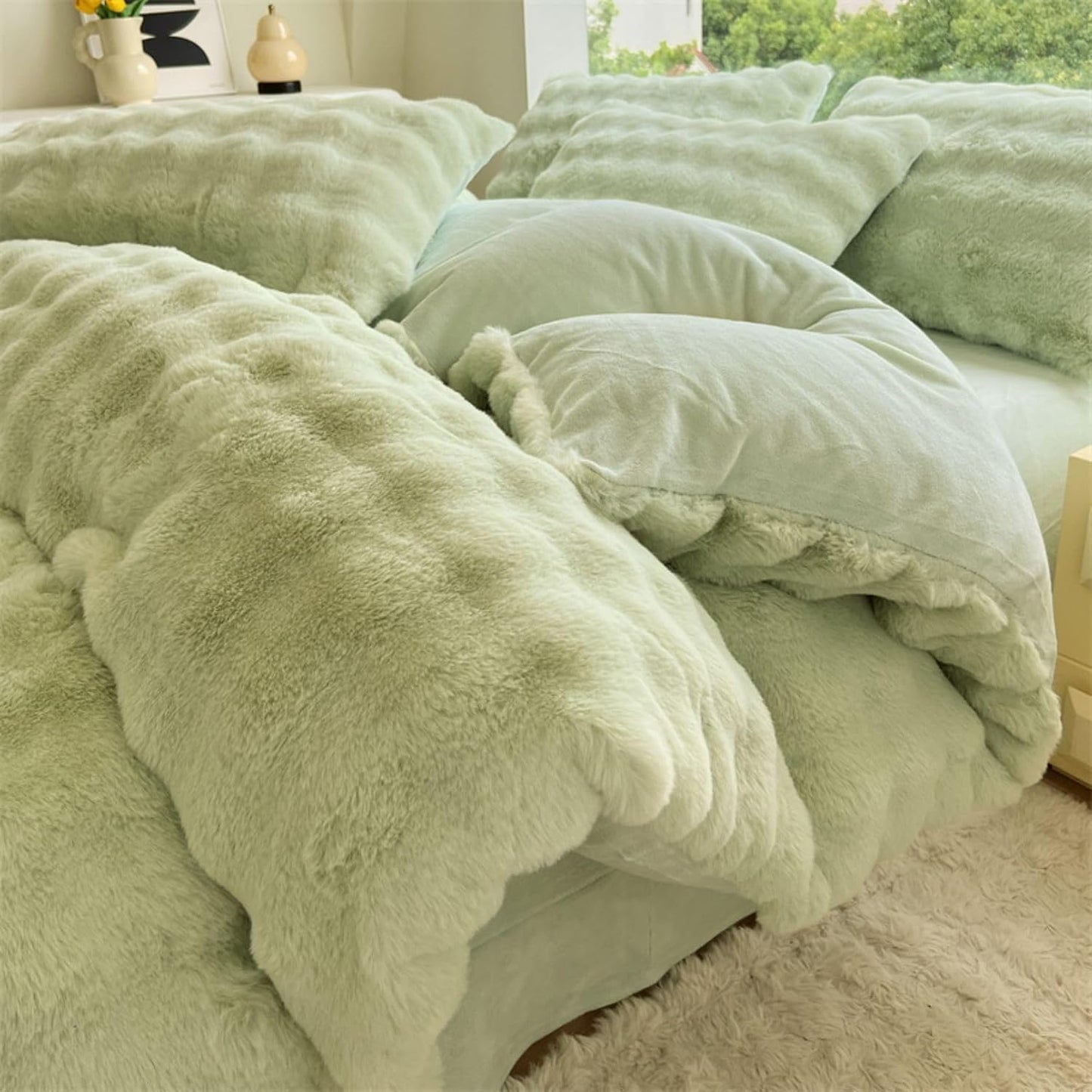 Close-up side view of the material and interior of the duvet cover for the VibeCore Snuggle Supreme Bedding Set in Matcha Green, highlighting the soft, plush fabric and tufted design for ultimate comfort.