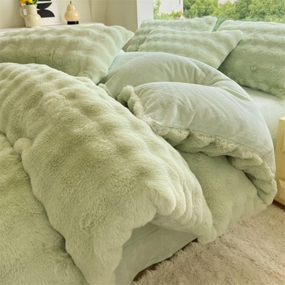 Close-up side view of the material and interior of the duvet cover for the VibeCore Snuggle Supreme Bedding Set in Matcha Green, highlighting the soft, plush fabric and tufted design for ultimate comfort.