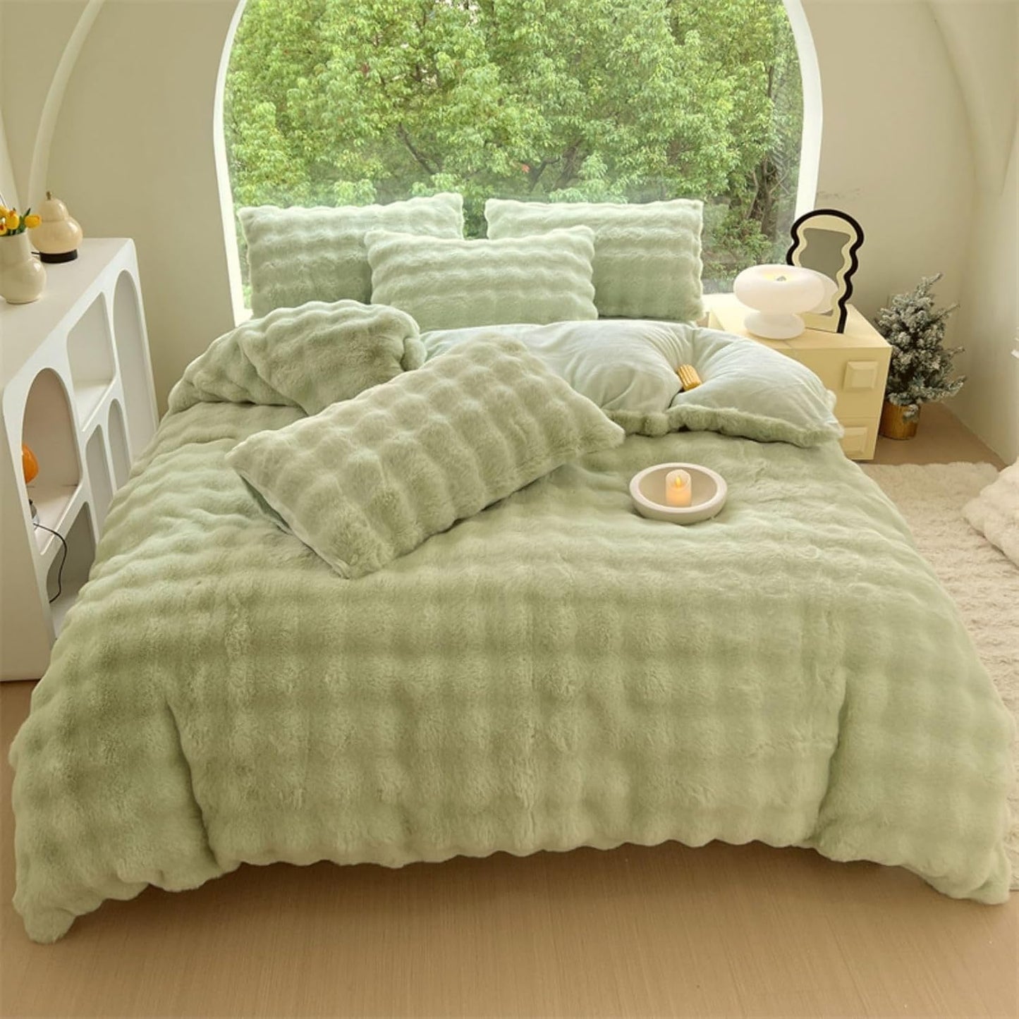 Full aerial view of the VibeCore Snuggle Supreme Bedding Set in Matcha Green, highlighting the chic, tufted design and ultra-soft texture of the bedding for a luxurious and cozy bedroom aesthetic.