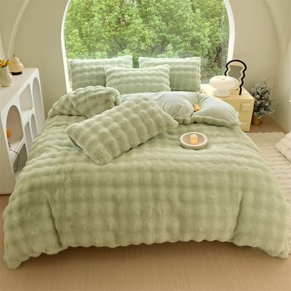 Full aerial view of the VibeCore Snuggle Supreme Bedding Set in Matcha Green, highlighting the chic, tufted design and ultra-soft texture of the bedding for a luxurious and cozy bedroom aesthetic.