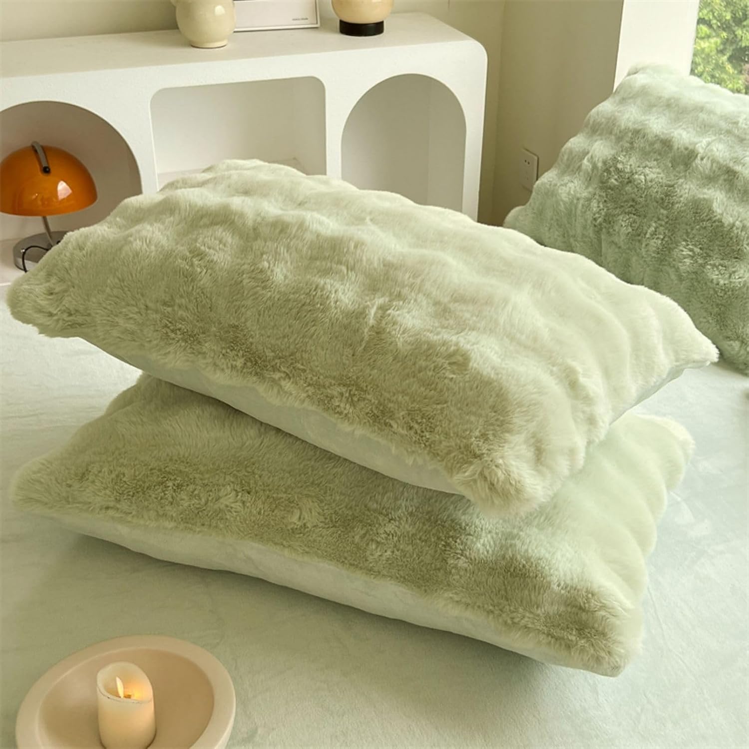 Close-up of the pillow covers from the VibeCore Snuggle Supreme Bedding Set in color Matcha Green, showcasing the luxurious tufted design and ultra-soft milk fibre fabric that provides a cozy, breathable, and hypoallergenic sleep experience.