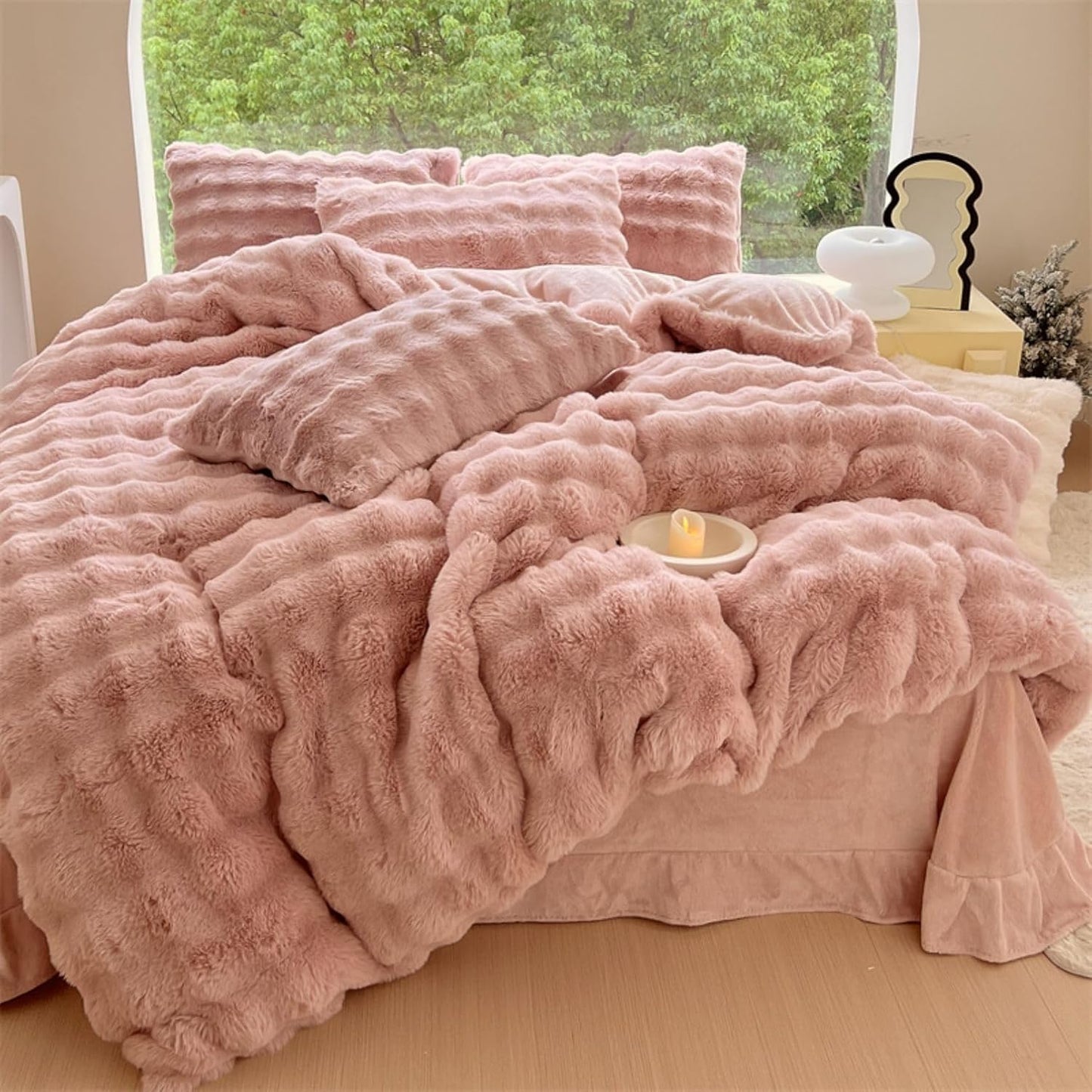 Aerial view of the VibeCore Snuggle Supreme Bedding Set in the color Rose, featuring a plush tufted design made from ultra-soft milk fibre. The bedding set includes a duvet cover, flat sheet, and pillowcases, offering both luxury and comfort with a breathable, hypoallergenic fabric.