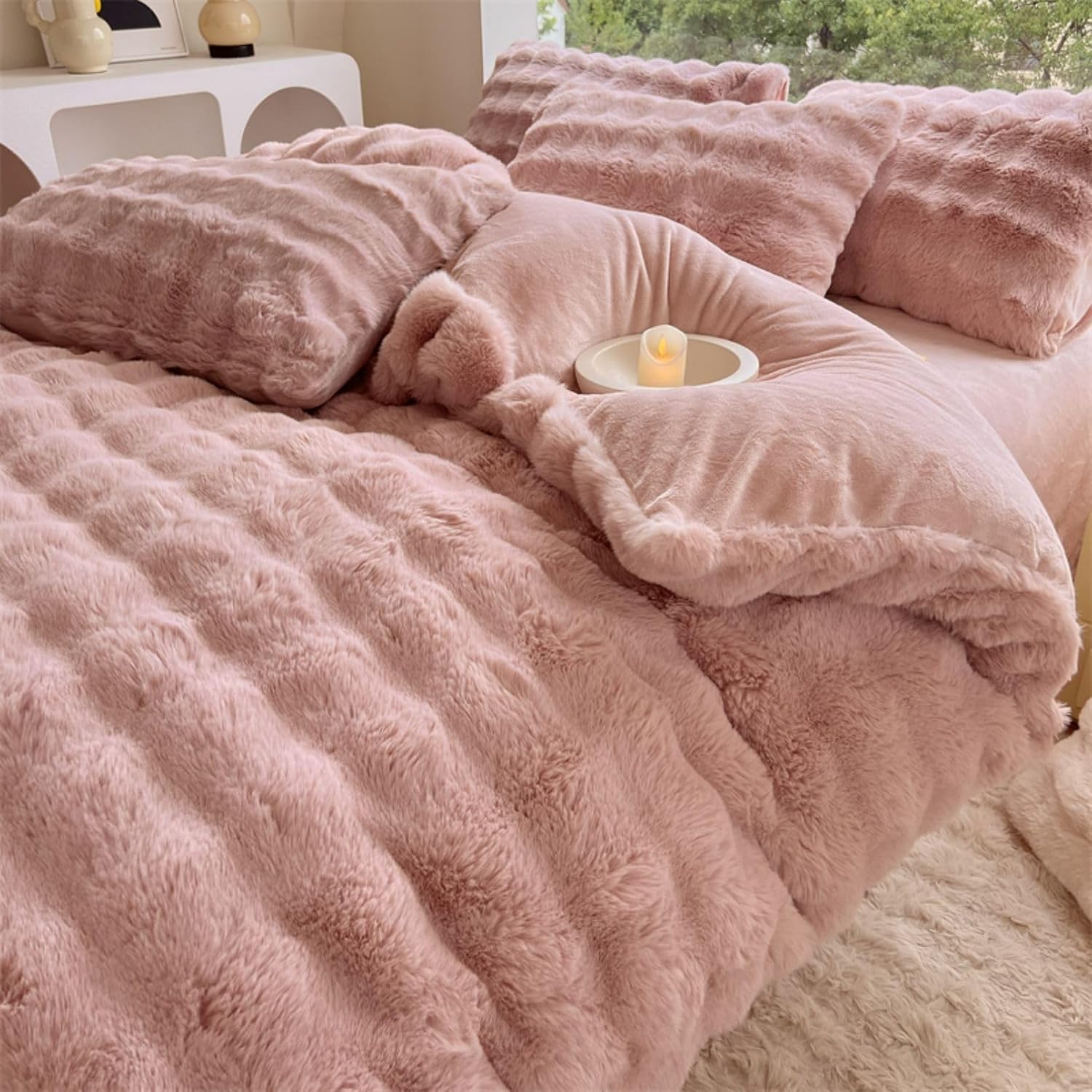 Close-up side view of the material and interior of the duvet cover for the VibeCore Snuggle Supreme Bedding Set in Rose, highlighting the soft, plush fabric and tufted design for ultimate comfort.