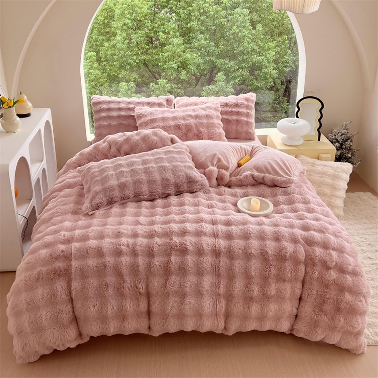 Full aerial view of the VibeCore Snuggle Supreme Bedding Set in Rose, highlighting the chic, tufted design and ultra-soft texture of the bedding for a luxurious and cozy bedroom aesthetic.