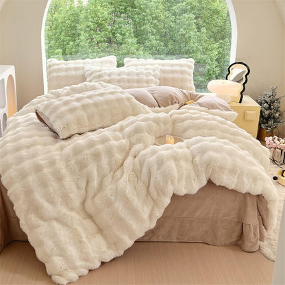 Aerial view of the VibeCore Snuggle Supreme Bedding Set in the color white, featuring a plush tufted design made from ultra-soft milk fibre. The bedding set includes a duvet cover, flat sheet, and pillowcases, offering both luxury and comfort with a breathable, hypoallergenic fabric.