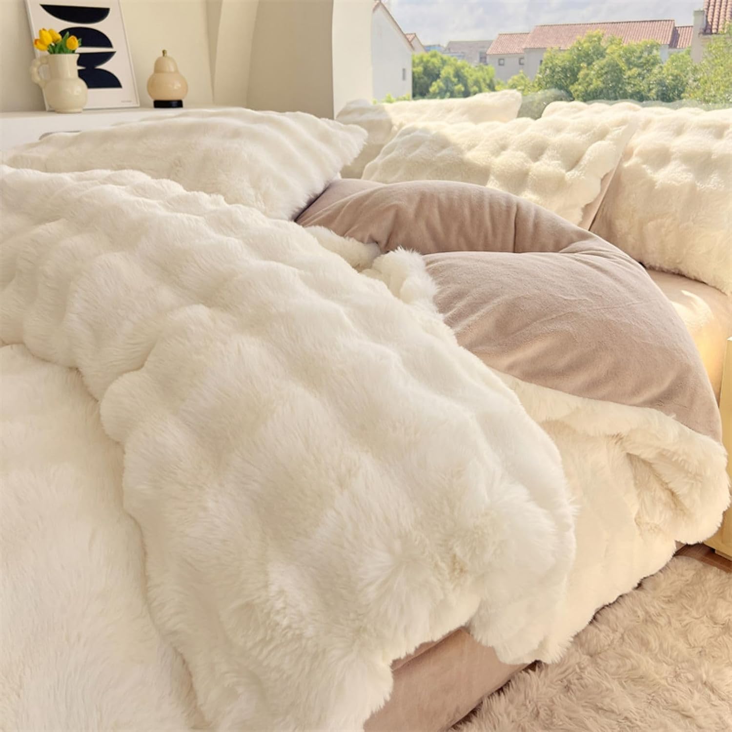 Close-up side view of the material and interior of the duvet cover for the VibeCore Snuggle Supreme Bedding Set in white, highlighting the soft, plush fabric and tufted design for ultimate comfort.