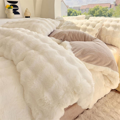 Close-up side view of the material and interior of the duvet cover for the VibeCore Snuggle Supreme Bedding Set in white, highlighting the soft, plush fabric and tufted design for ultimate comfort.