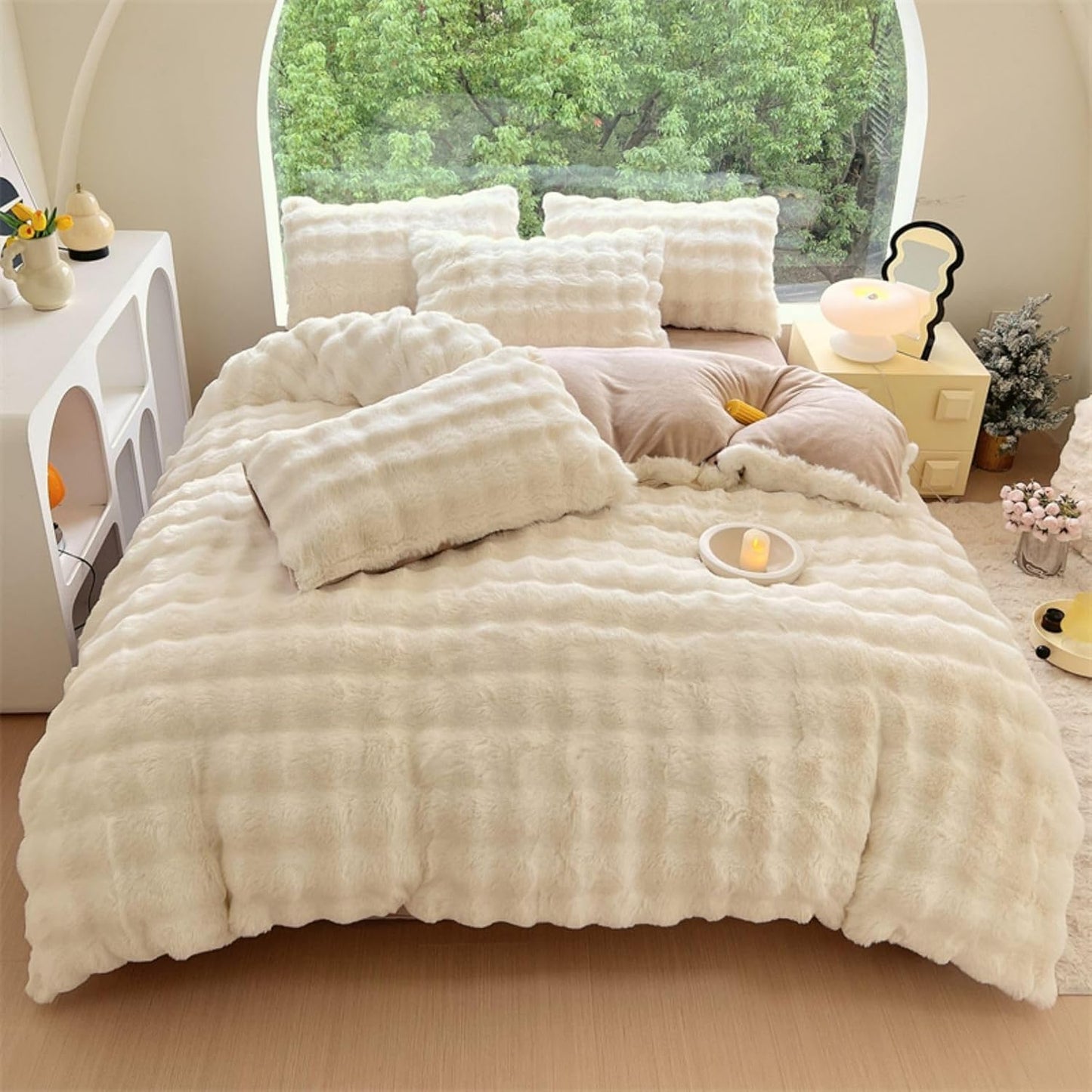 Full aerial view of the VibeCore Snuggle Supreme Bedding Set in white, highlighting the chic, tufted design and ultra-soft texture of the bedding for a luxurious and cozy bedroom aesthetic.