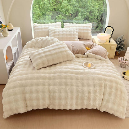 Full aerial view of the VibeCore Snuggle Supreme Bedding Set in white, highlighting the chic, tufted design and ultra-soft texture of the bedding for a luxurious and cozy bedroom aesthetic.